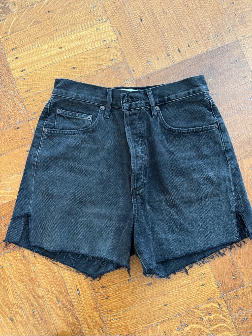 Agolde Black High-Rise Frayed Hem Denim Shorts